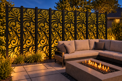 Design 195 Bold Acanthus Scroll Laser Cut Metal Privacy Screen Panel installed garden night lighting view