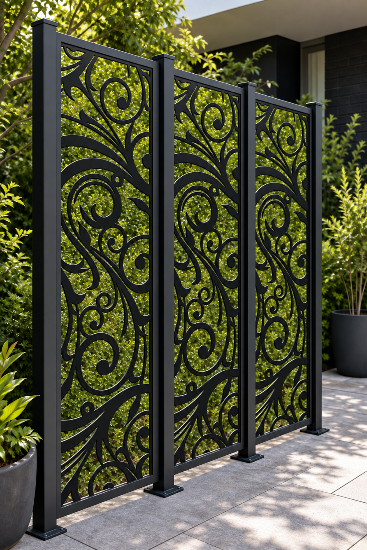 Design 195 Bold Acanthus Scroll Laser Cut Metal Privacy Screen Panel oblique angle view