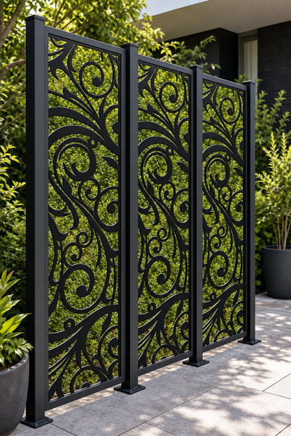Design 195 Bold Acanthus Scroll Laser Cut Metal Privacy Screen Panel oblique angle view