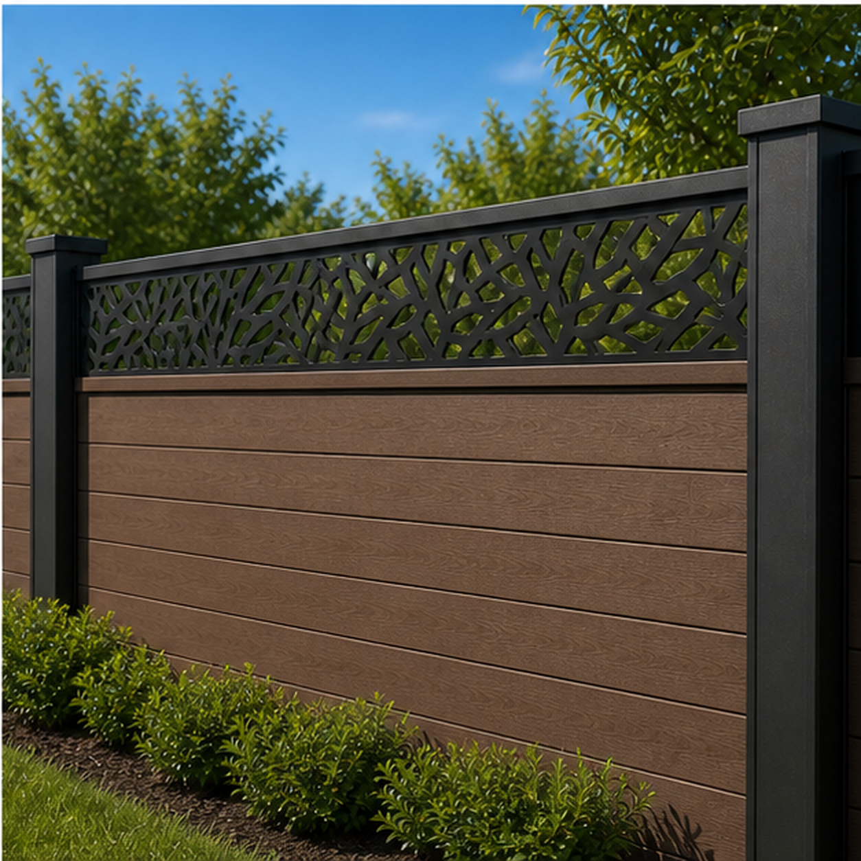 Branch Reed Lattice laser cut fence extension panel installed on composite fence, angle view, Design 195