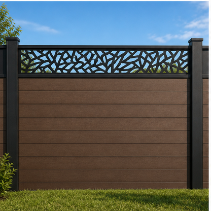 Branch Reed Lattice metal fence topper installed above WPC composite privacy fence, front view, Design 195