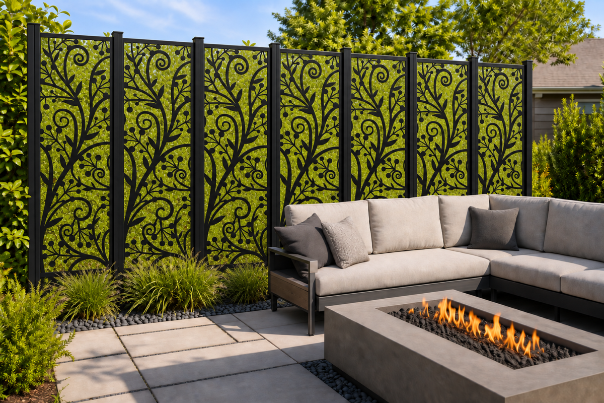 Design 196 Berry Vine Scroll Laser Cut Metal Privacy Screen Panel installed garden daylight view