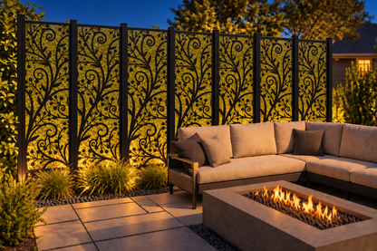 Design 196 Berry Vine Scroll Laser Cut Metal Privacy Screen Panel installed garden night lighting view