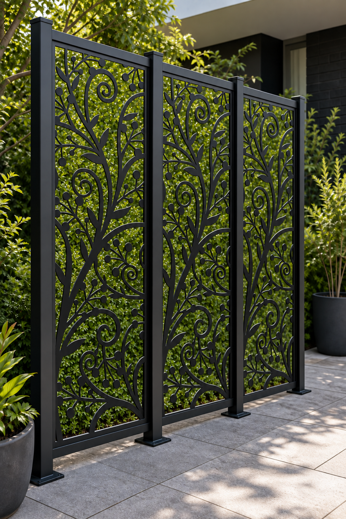 Design 196 Berry Vine Scroll Laser Cut Metal Privacy Screen Panel oblique angle view