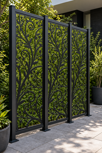 Design 196 Berry Vine Scroll Laser Cut Metal Privacy Screen Panel oblique angle view