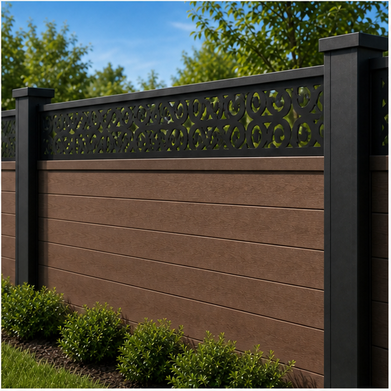 Cloud Curl Lace laser cut fence extension panel installed on composite fence, angle view, Design 196