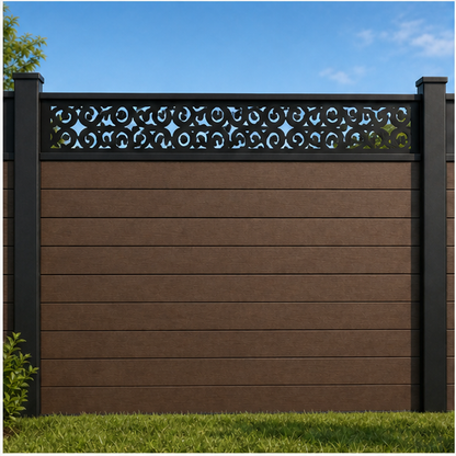 Cloud Curl Lace metal fence topper installed above WPC composite privacy fence, front view, Design 196