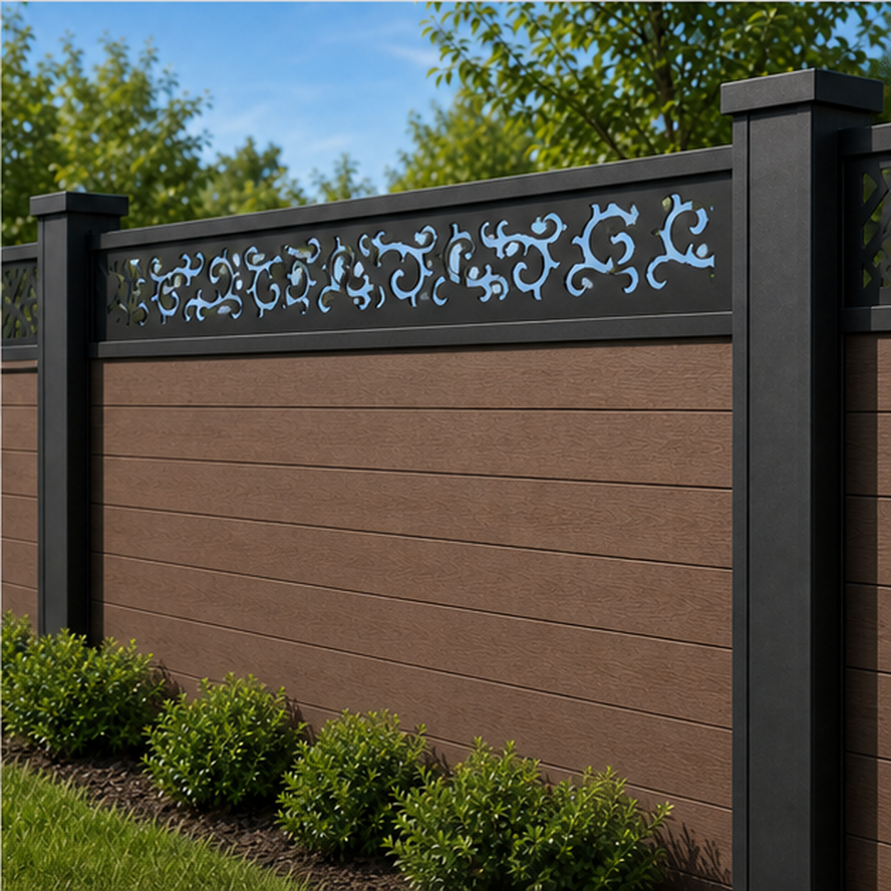 Fine Botanical Lace laser cut fence extension panel installed on composite fence, angle view, Design 197