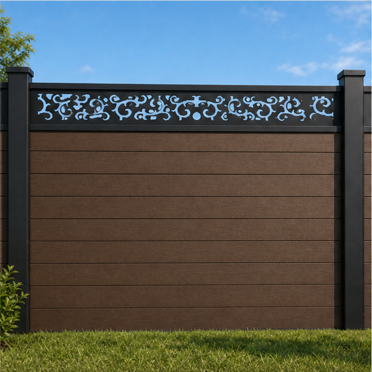 Fine Botanical Lace metal fence topper installed above WPC composite privacy fence, front view, Design 197