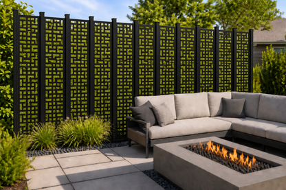 Design 197 Woven Key Lattice Laser Cut Metal Privacy Screen Panel installed garden daylight view