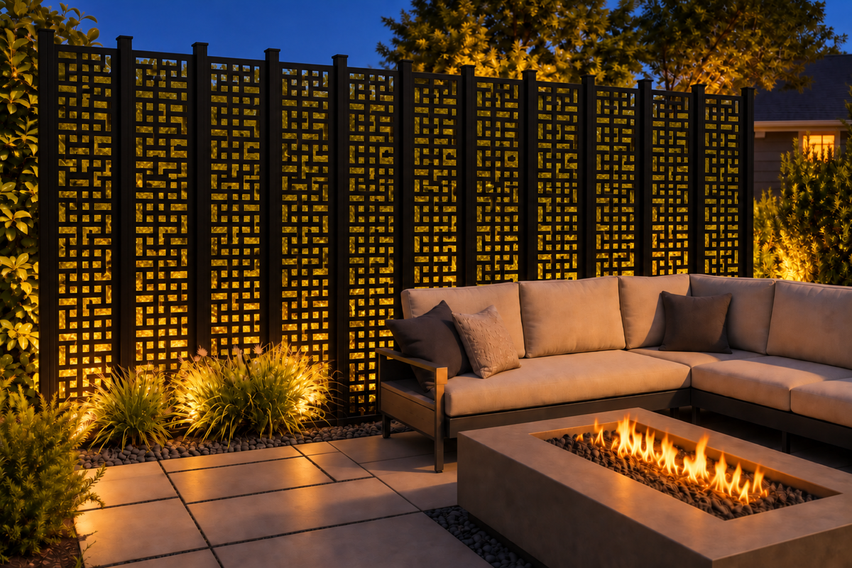 Design 197 Woven Key Lattice Laser Cut Metal Privacy Screen Panel installed garden night lighting view