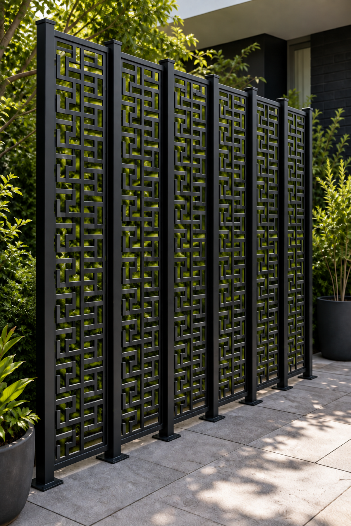 Design 197 Woven Key Lattice Laser Cut Metal Privacy Screen Panel oblique angle view