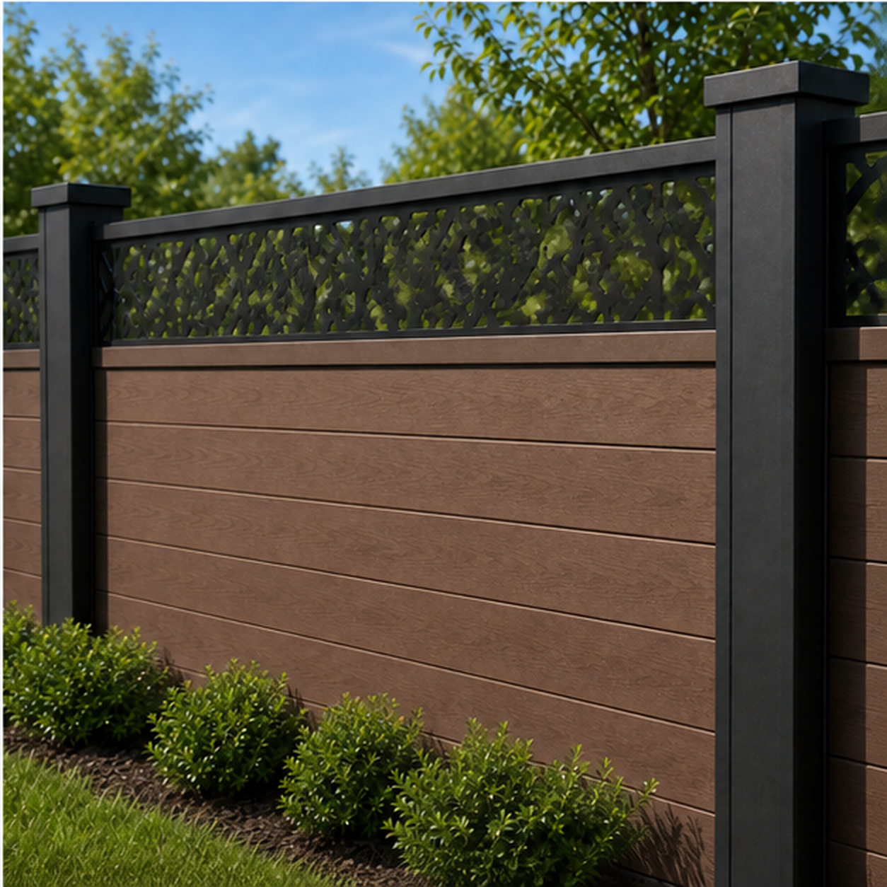 Dense Garden Scroll laser cut fence extension panel installed on composite fence, angle view, Design 198