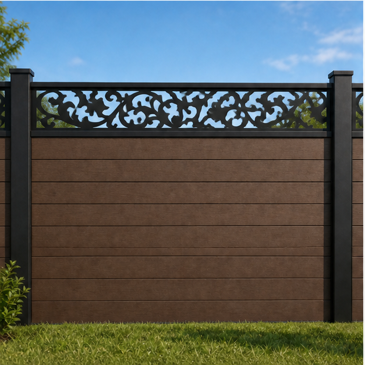 Dense Garden Scroll metal fence topper installed above WPC composite privacy fence, front view, Design 198