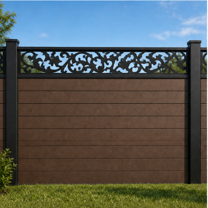 Dense Garden Scroll metal fence topper installed above WPC composite privacy fence, front view, Design 198