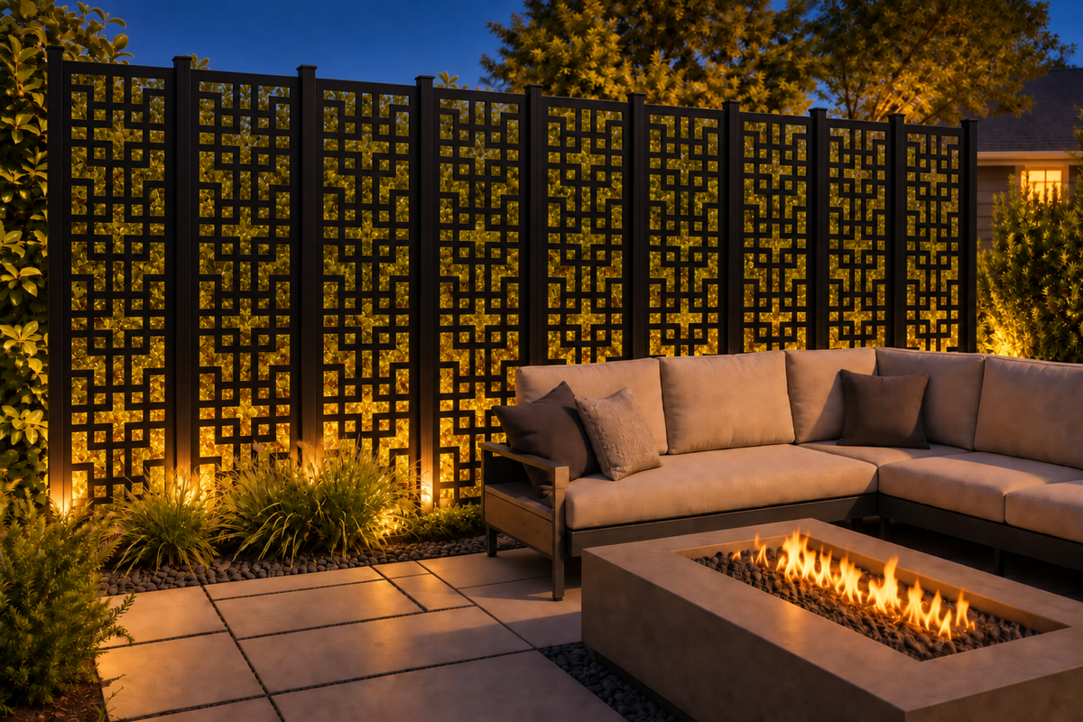 Design 198 Rectilinear Maze Grid Laser Cut Metal Privacy Screen Panel installed garden night lighting view