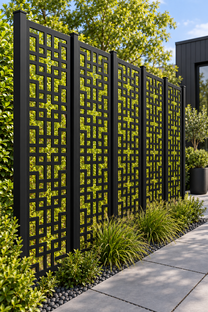 Design 198 Rectilinear Maze Grid Laser Cut Metal Privacy Screen Panel oblique angle view