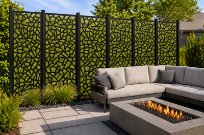 Design 199 Broken Glass Mosaic Laser Cut Metal Privacy Screen Panel installed garden daylight view