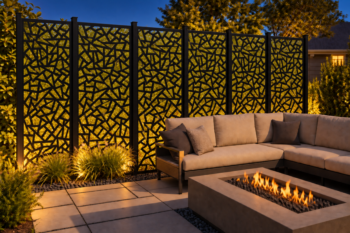 Design 199 Broken Glass Mosaic Laser Cut Metal Privacy Screen Panel installed garden night lighting view