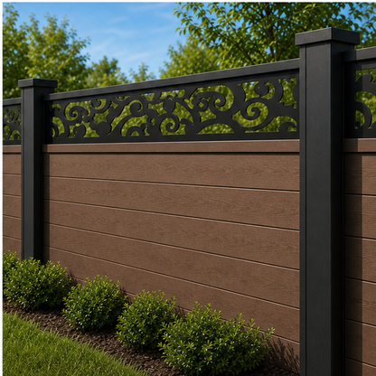 Large Cloud Scroll laser cut fence extension panel installed on composite fence, angle view, Design 199