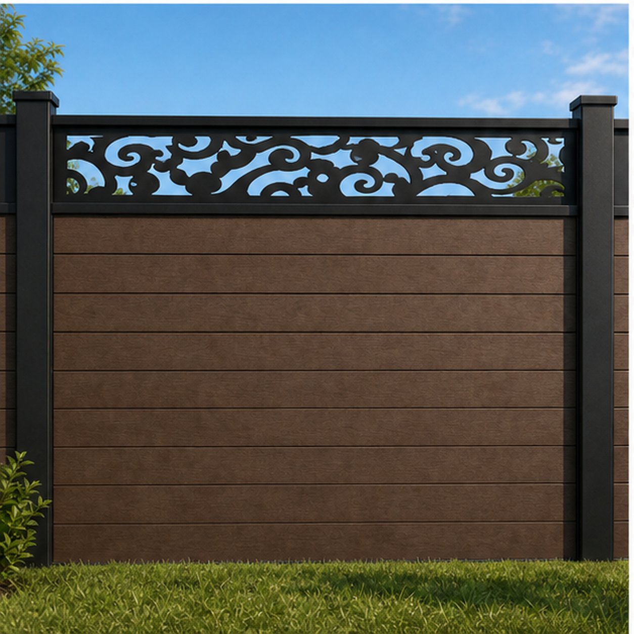 Large Cloud Scroll metal fence topper installed above WPC composite privacy fence, front view, Design 199