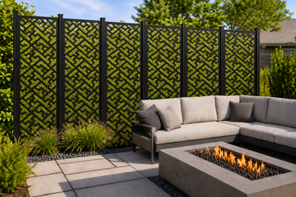 Design 200 Basketweave Maze Laser Cut Metal Privacy Screen Panel installed garden daylight view