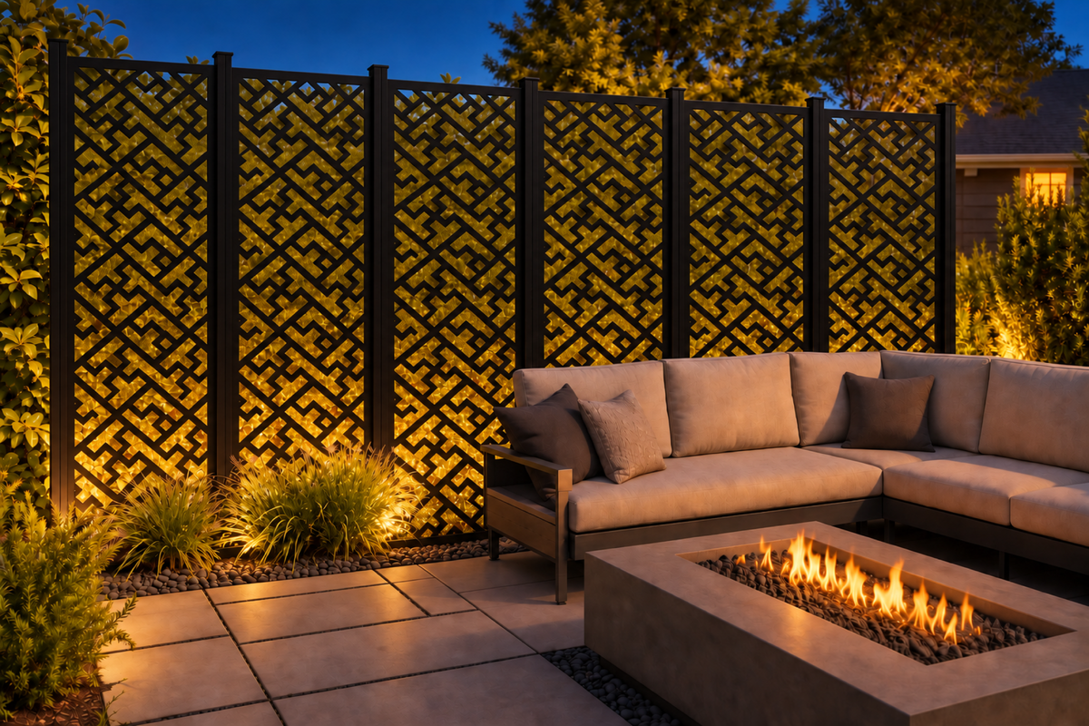 Design 200 Basketweave Maze Laser Cut Metal Privacy Screen Panel installed garden night lighting view