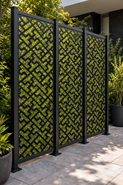 Design 200 Basketweave Maze Laser Cut Metal Privacy Screen Panel oblique angle view