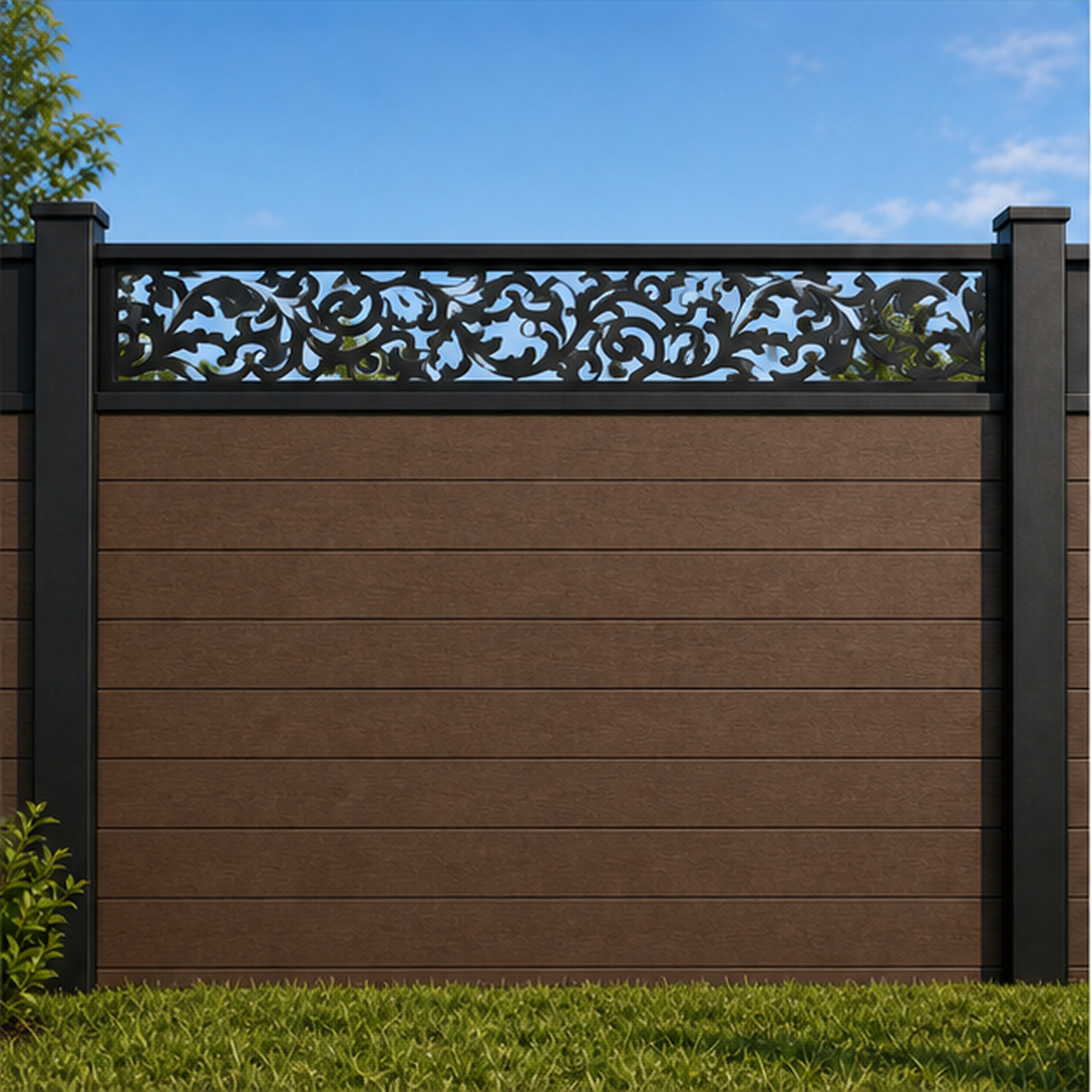 Fine Floral Vine metal fence topper installed above WPC composite privacy fence, front view, Design 200