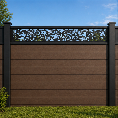 Fine Floral Vine metal fence topper installed above WPC composite privacy fence, front view, Design 200
