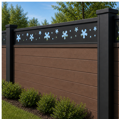 Blossom Star Dot Rail laser cut fence extension panel installed on composite fence, angle view, Design 201