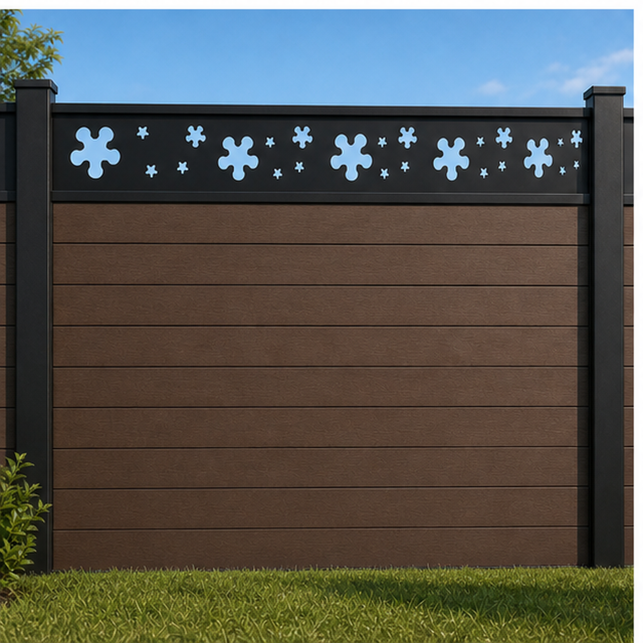 Blossom Star Dot Rail metal fence topper installed above WPC composite privacy fence, front view, Design 201