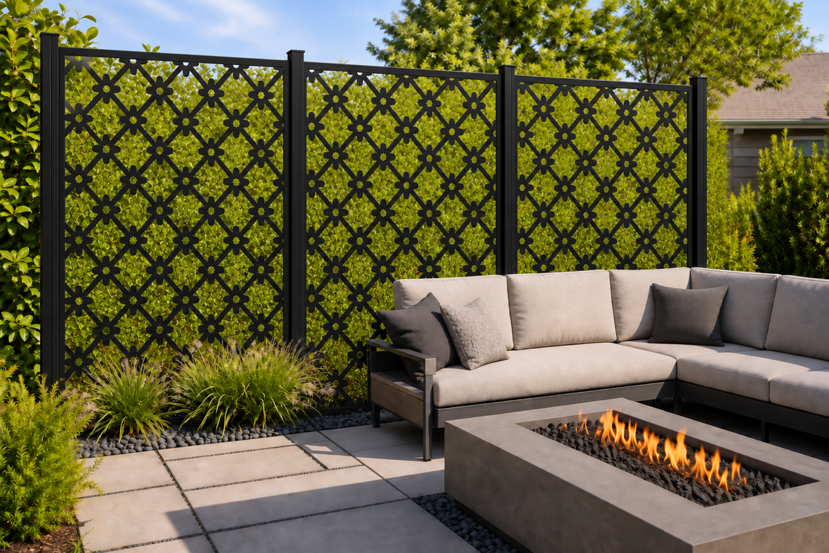 Design 201 Diamond Dot Lattice Laser Cut Metal Privacy Screen Panel installed garden daylight view