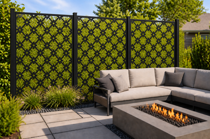 Design 201 Diamond Dot Lattice Laser Cut Metal Privacy Screen Panel installed garden daylight view