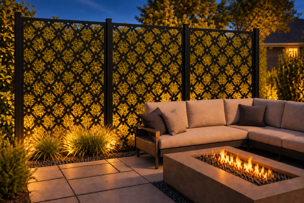 Design 201 Diamond Dot Lattice Laser Cut Metal Privacy Screen Panel installed garden night lighting view