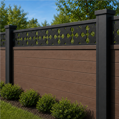 Cross Blossom Dot Rail laser cut fence extension panel installed on composite fence, angle view, Design 202