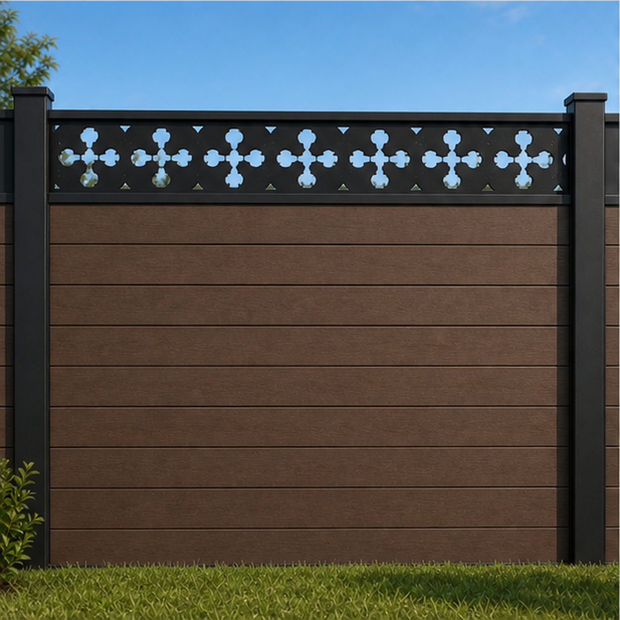 Cross Blossom Dot Rail metal fence topper installed above WPC composite privacy fence, front view, Design 202