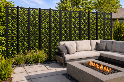 Design 202 Moroccan Quatrefoil Lattice Laser Cut Metal Privacy Screen Panel installed garden daylight view