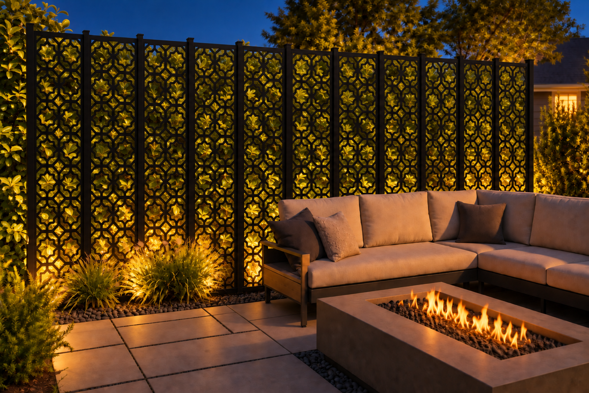 Design 202 Moroccan Quatrefoil Lattice Laser Cut Metal Privacy Screen Panel installed garden night lighting view