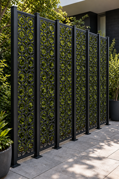 Design 202 Moroccan Quatrefoil Lattice Laser Cut Metal Privacy Screen Panel oblique angle view
