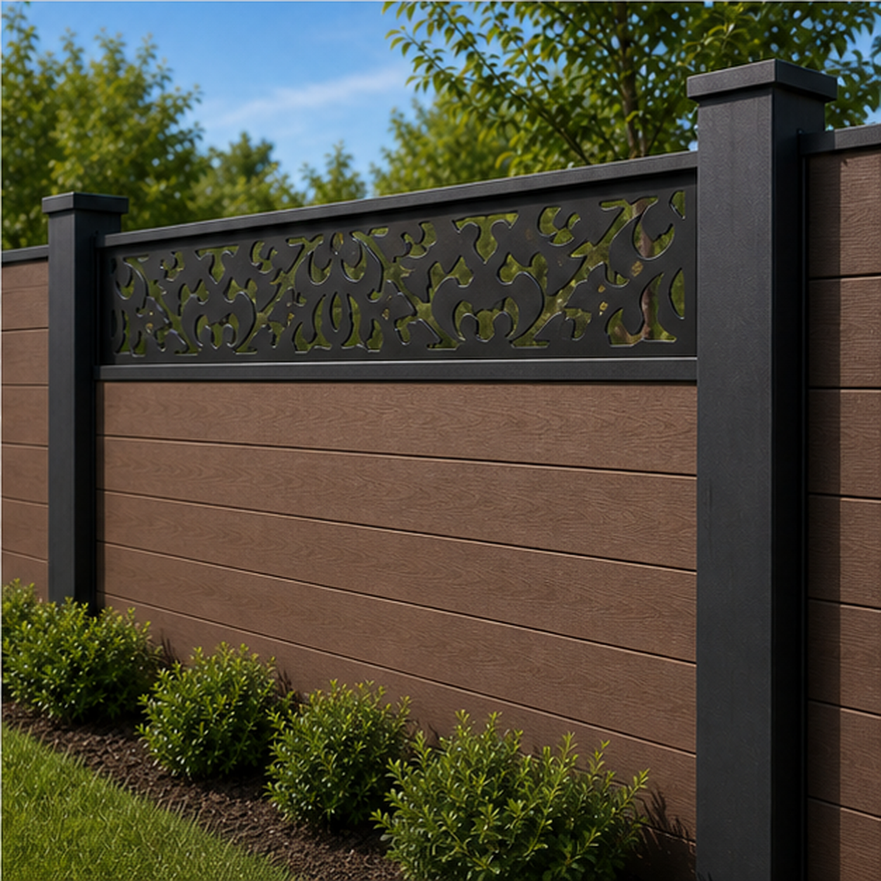 Leaf Scatter Lace laser cut fence extension panel installed on composite fence, angle view, Design 203