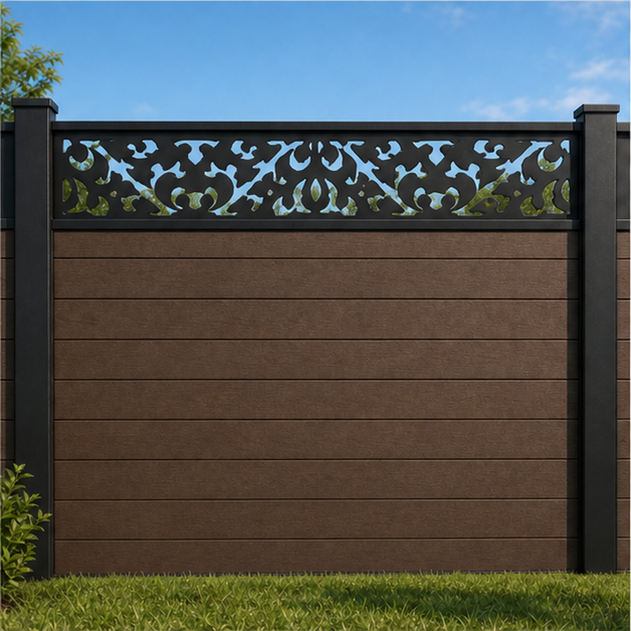Leaf Scatter Lace metal fence topper installed above WPC composite privacy fence, front view, Design 203