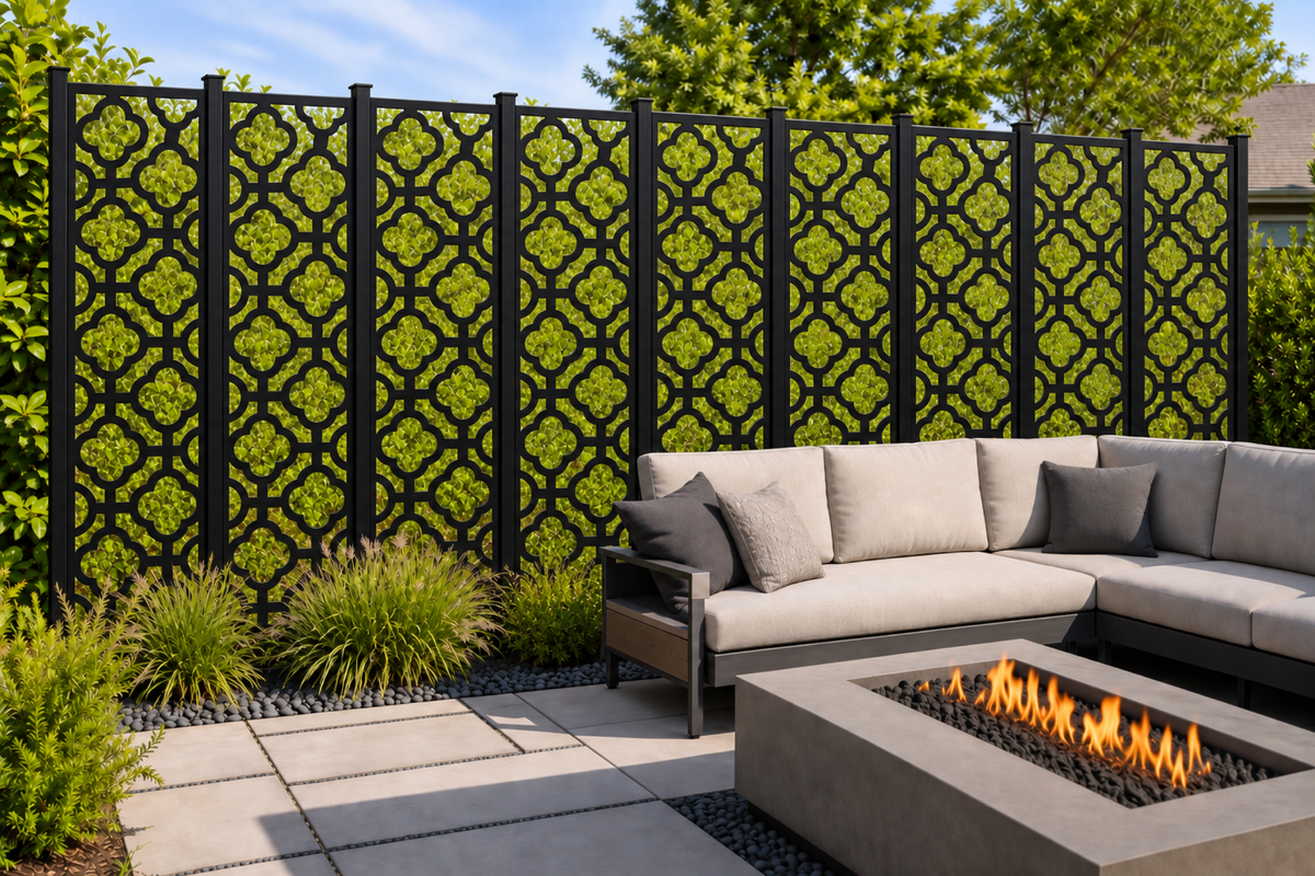 Design 203 Tall Quatrefoil Chain Laser Cut Metal Privacy Screen Panel installed garden daylight view