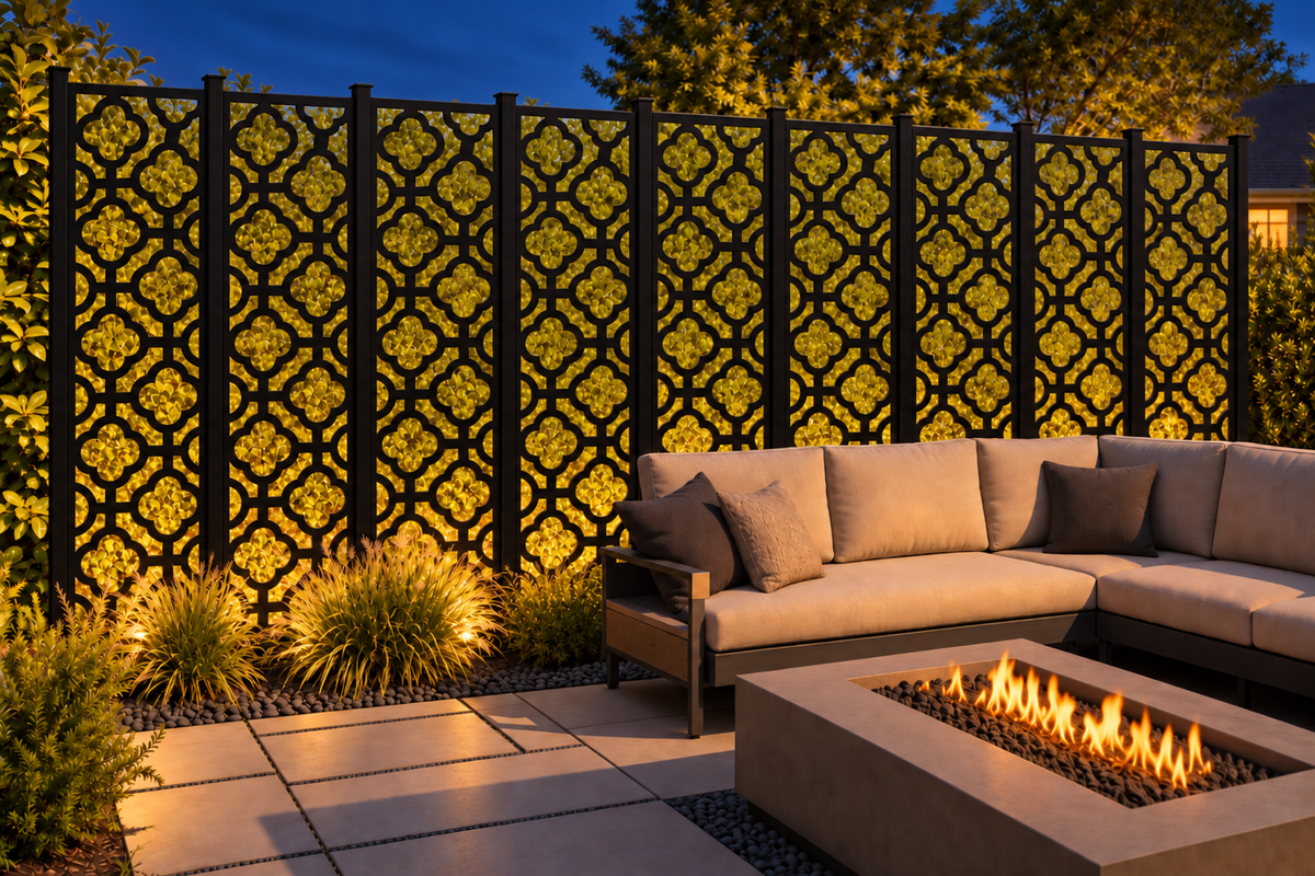 Design 203 Tall Quatrefoil Chain Laser Cut Metal Privacy Screen Panel installed garden night lighting view