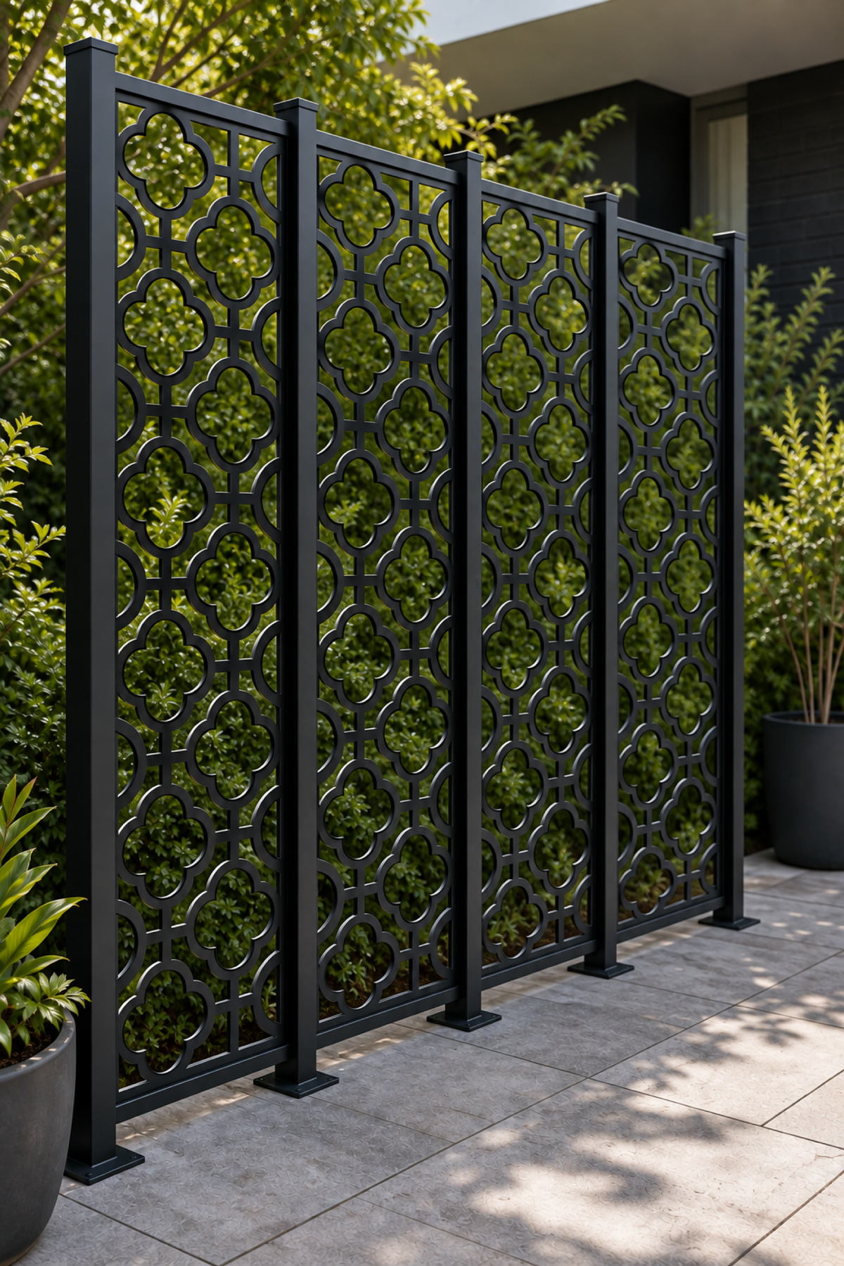 Design 203 Tall Quatrefoil Chain Laser Cut Metal Privacy Screen Panel oblique angle view