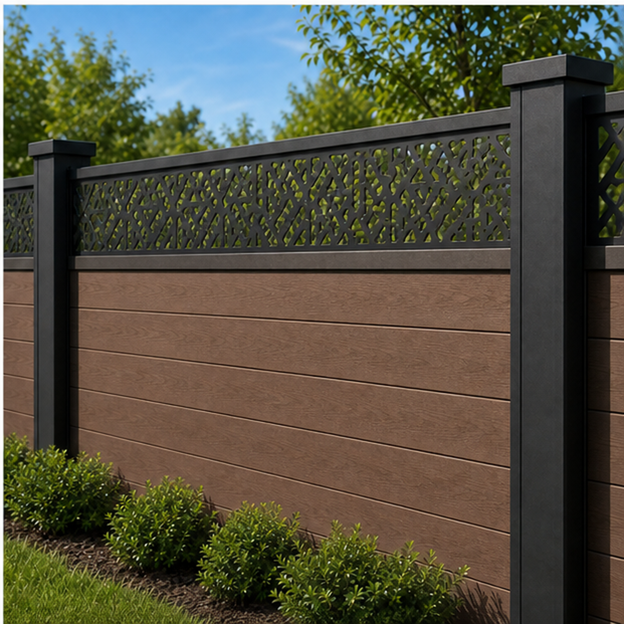 Micro Dot Privacy Mesh laser cut fence extension panel installed on composite fence, angle view, Design 204