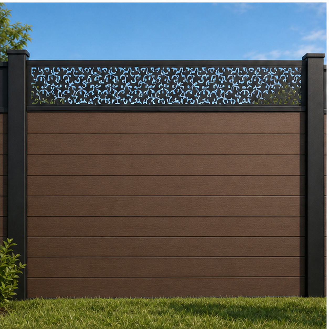 Micro Dot Privacy Mesh metal fence topper installed above WPC composite privacy fence, front view, Design 204