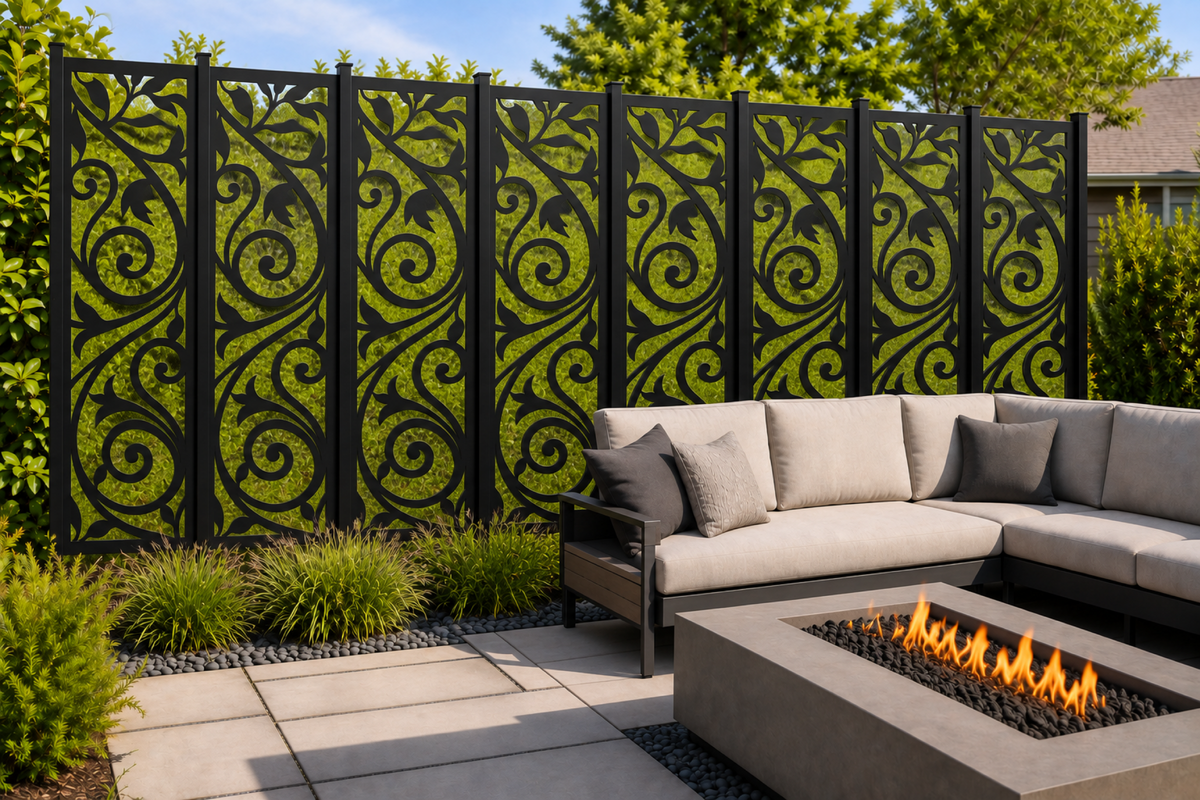 Design 204 Twin Spiral Leaves Laser Cut Metal Privacy Screen Panel installed garden daylight view