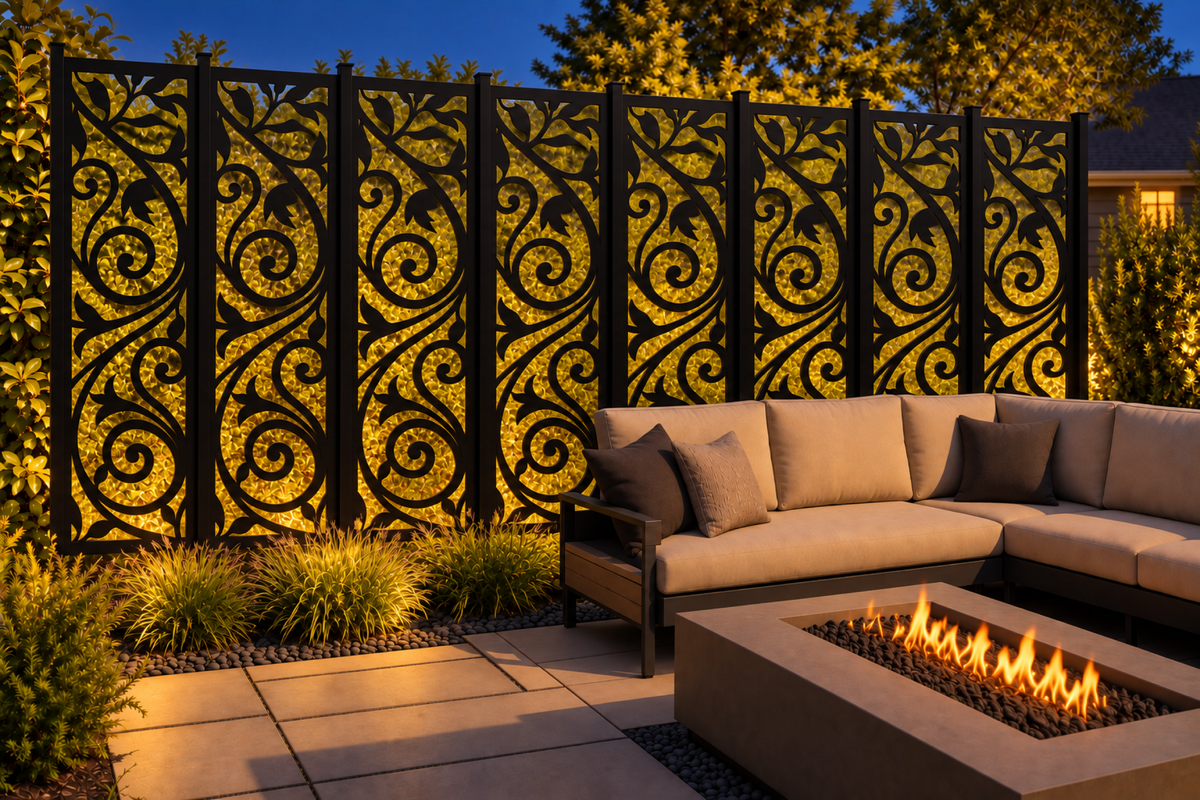 Design 204 Twin Spiral Leaves Laser Cut Metal Privacy Screen Panel installed garden night lighting view