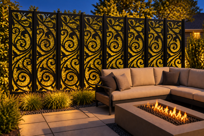 Design 204 Twin Spiral Leaves Laser Cut Metal Privacy Screen Panel installed garden night lighting view